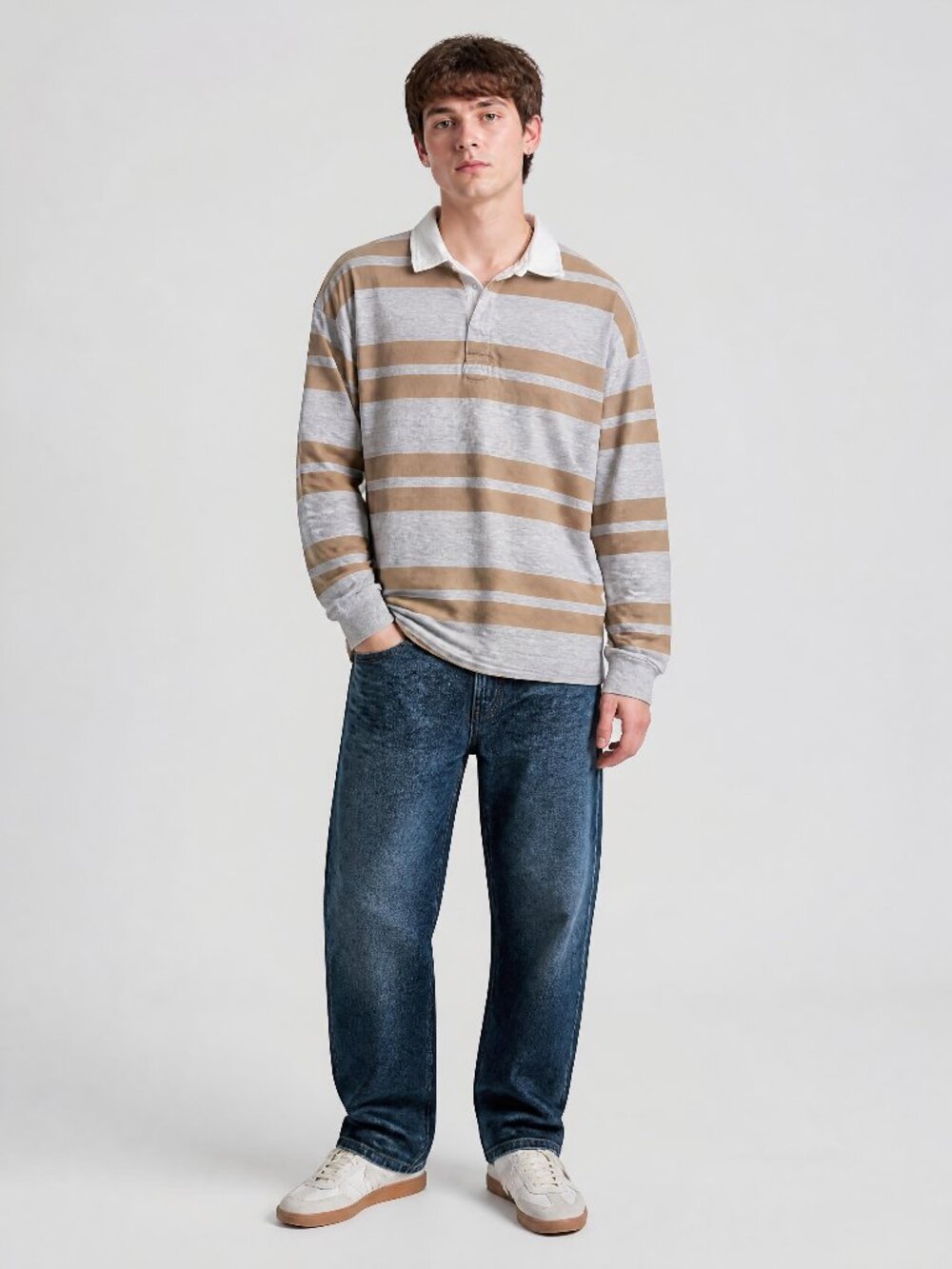 American Eagle Tan Gray Striped Rugby Polo Long Sleeve Shirt Size XL